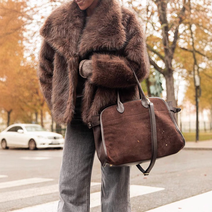 Ladies Elegant Faux Fur Coat with a Voluminous Collar Lune London
