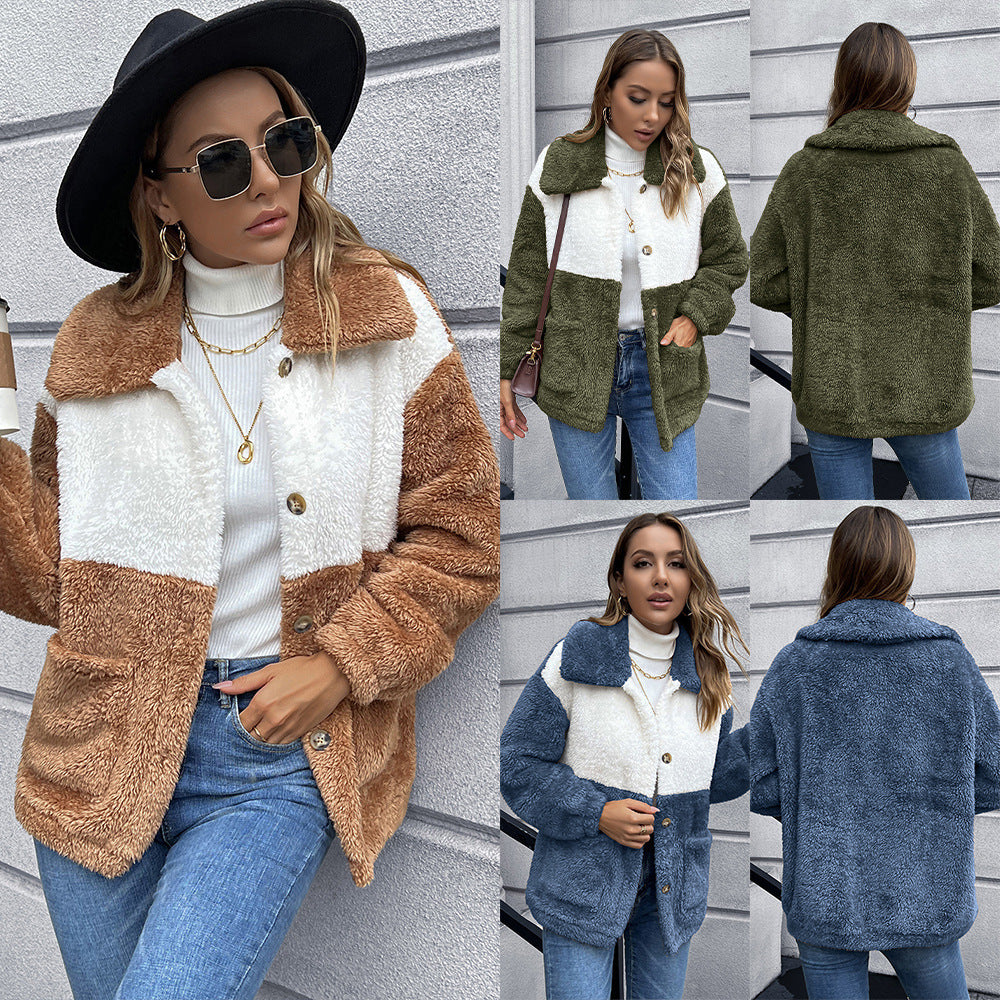 Women's faux fur jacket with practical pockets and trendy colorblock design Lune London