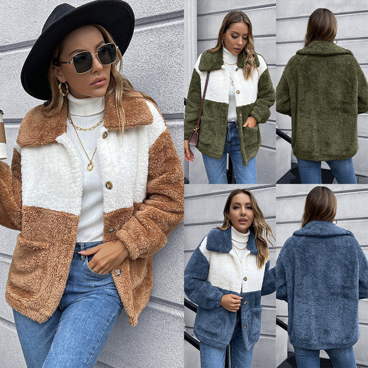 Women's faux fur jacket with practical pockets and trendy colorblock design Lune London