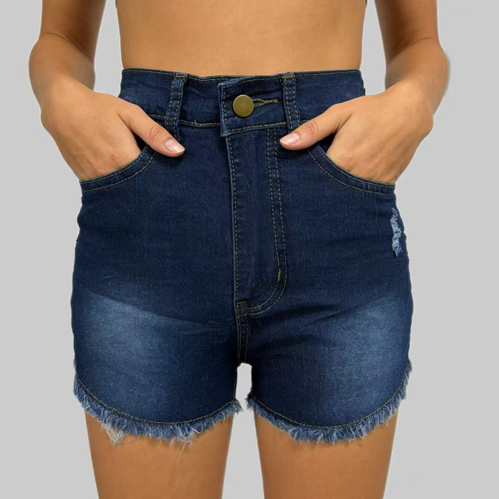 Women's High-Cut Denim Shorts in Trendy Fringe Look Lune London