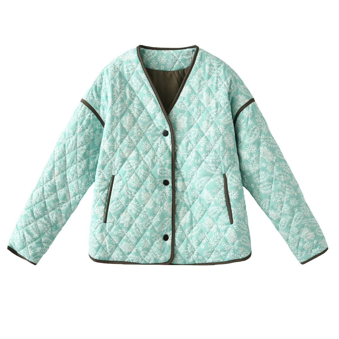 Quilted fall jacket for women with a unique floral pattern and practical pockets Lune London