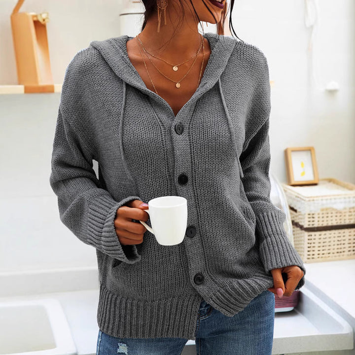 Ladies chunky knit cardigan with hood and large buttons Lune London