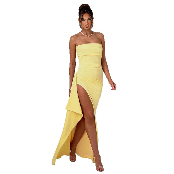 Women Elegant Strapless Evening Dress with Asymmetric Slit Lune London