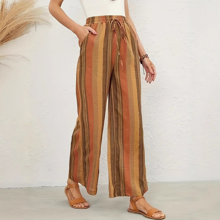 Wide striped pants for women with elastic waist and practical tie belt Lune London
