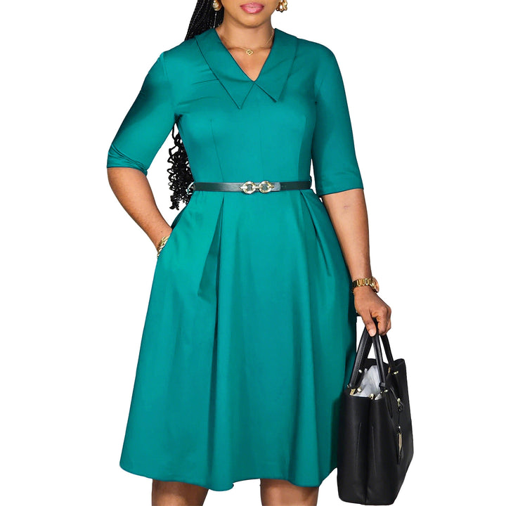 Elegant skater dress for women with collar and belt at the waist Lune London