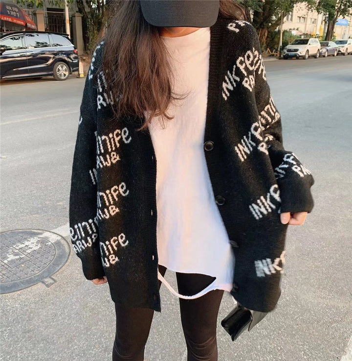 Ladies cozy knitted cardigan with unique logo design Lune London