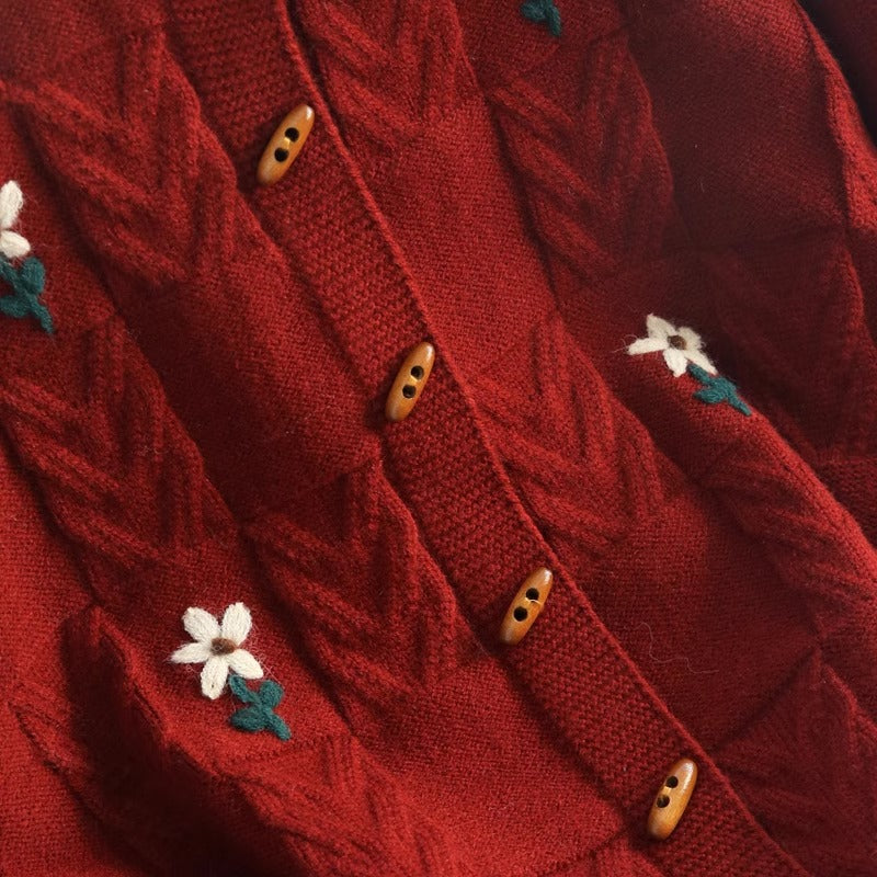 Knit jacket for women with floral cable pattern and wooden buttons Lune London