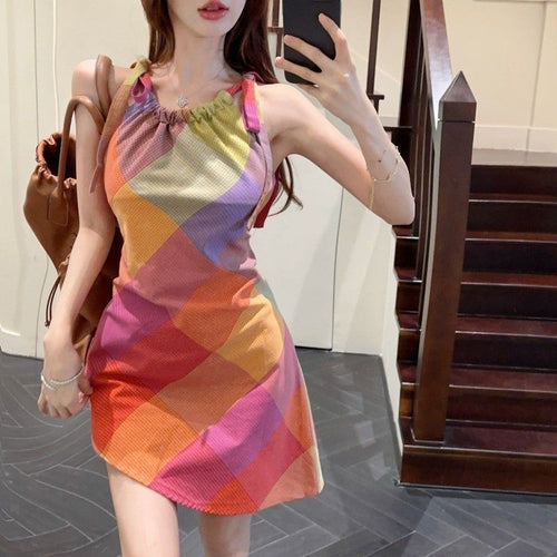Women's short-sleeve dress with fashionable check pattern and elastic neckline Lune London