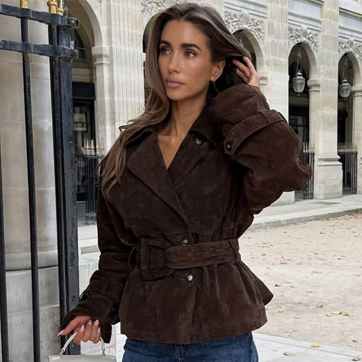 Trendy suede jacket for women with waist belt and voluminous sleeves Lune London