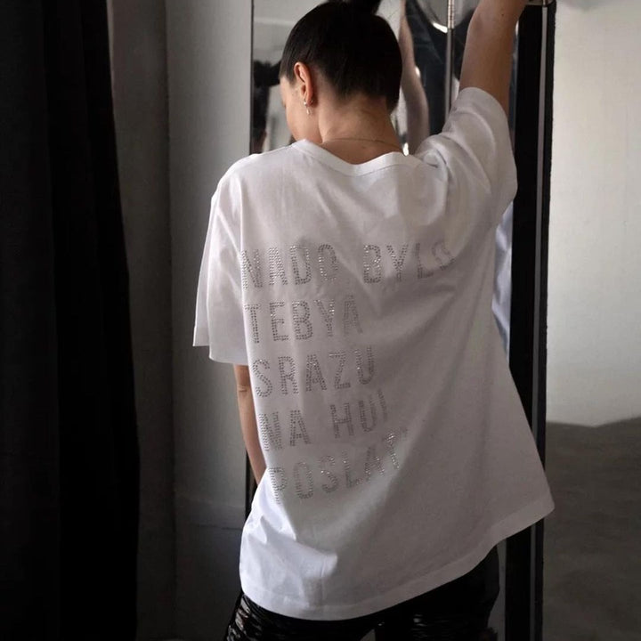 Oversized women's t-shirt with creative rhinestone design Lune London