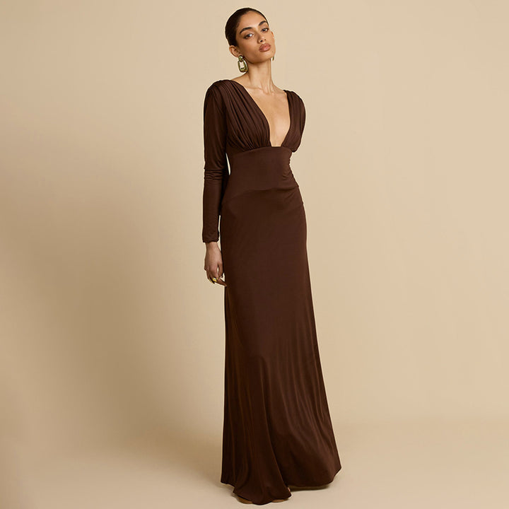 Elegant maxi dress for women with deep V-neck and long sleeves Lune London