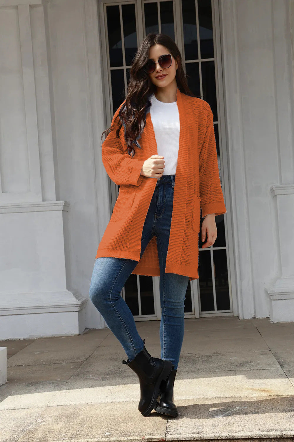 Casual knitted cardigan for women with open pockets and modern waffle pattern Lune London