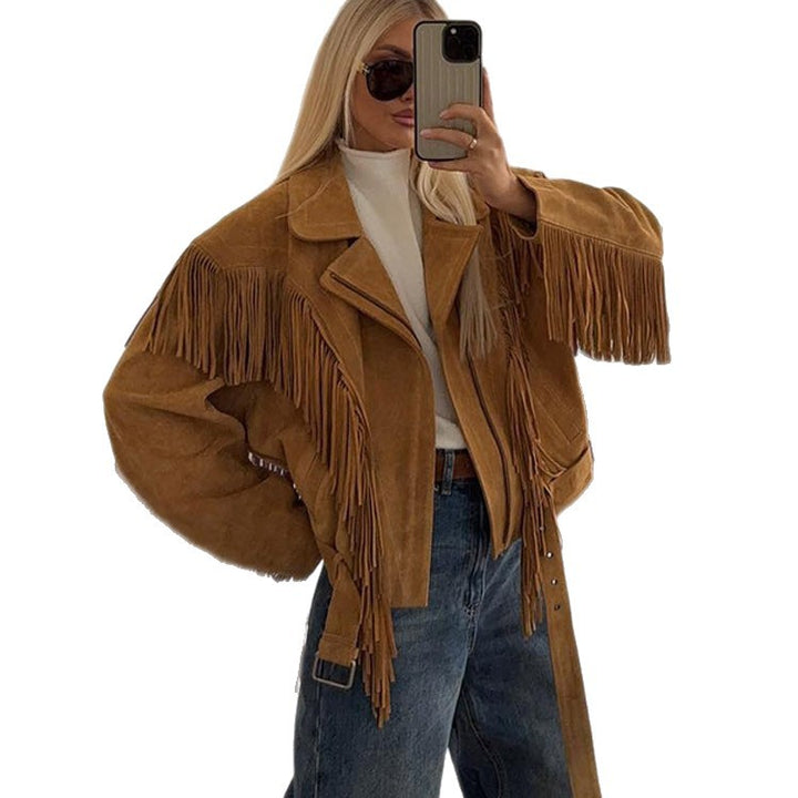Leather jacket for women with fringes and belt at the waist Lune London