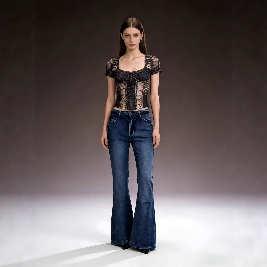 Ladies elegant cropped top with puff sleeves and vintage embroidery Lune London