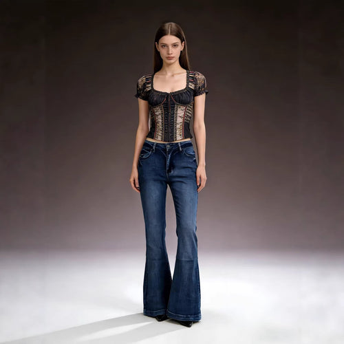 Ladies elegant cropped top with puff sleeves and vintage embroidery Lune London
