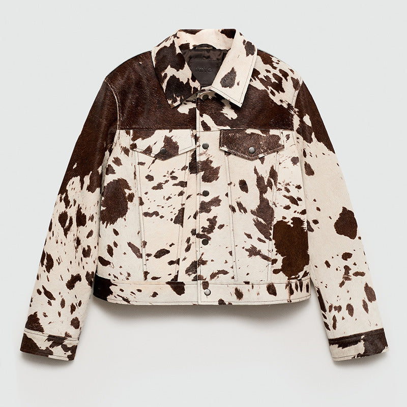 Sheepskin fashion jacket for women with striking animal pattern Lune London
