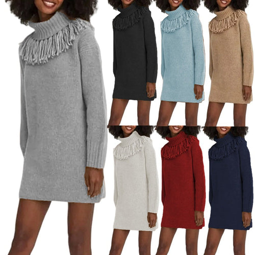 Lune London | Women's knitted dress with high turtleneck and fashionable fringes