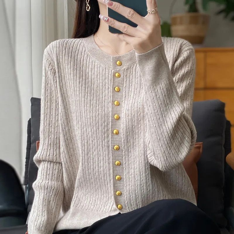 Lady's knit jacket with gold buttons Lune London