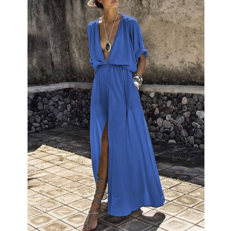 Robe maxi femme avec décolleté en V profond et fente sophistiquée Chic & Stil