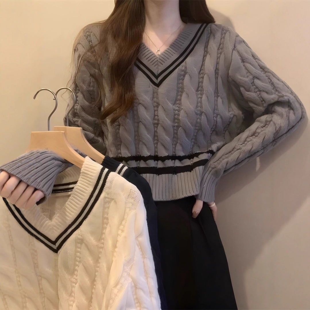 Lune London Women's V-neck Knit Sweater with Textured Pattern