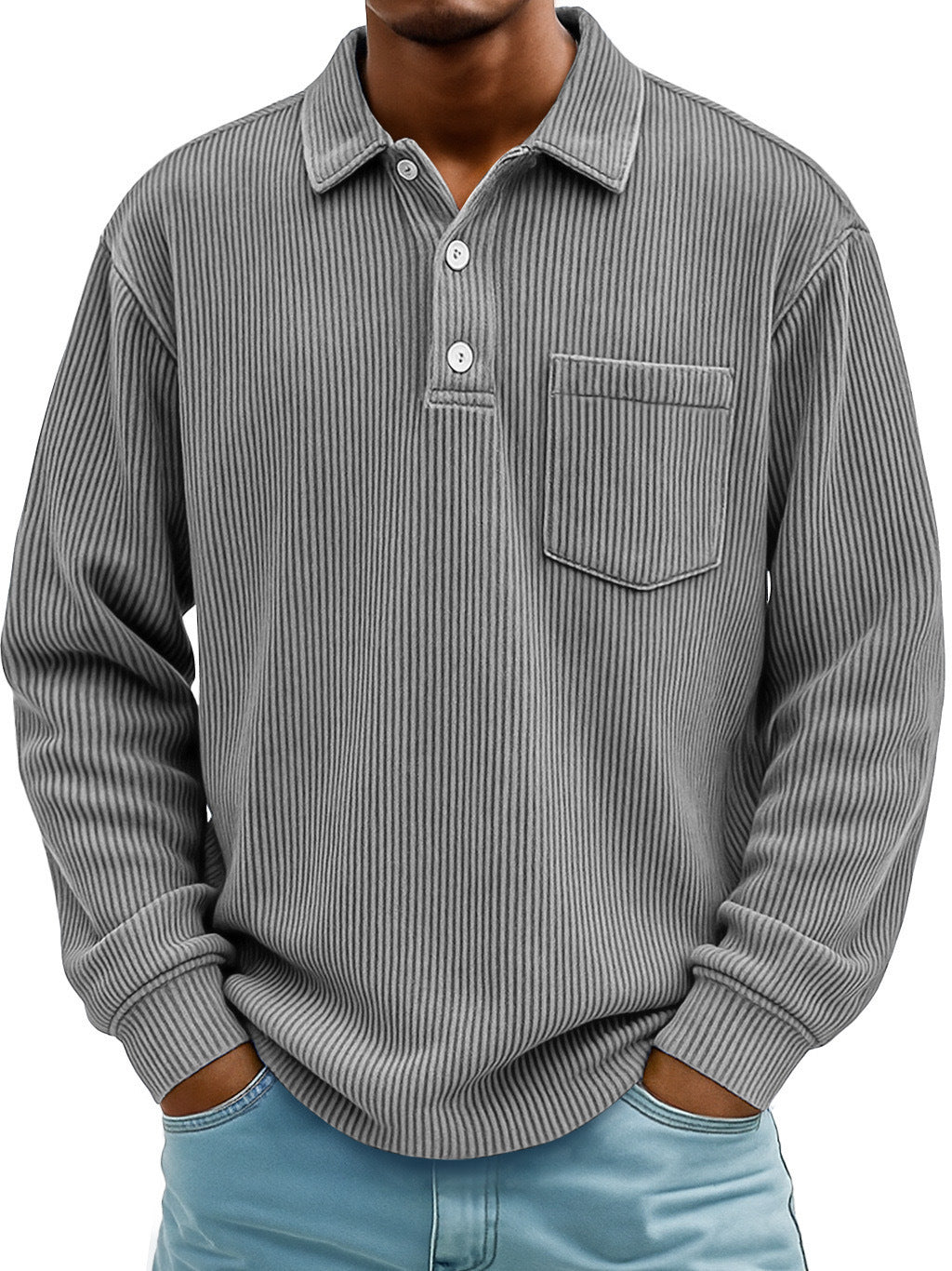 Men's Long Sleeve Casual Polo in Textured Fabric Lune London