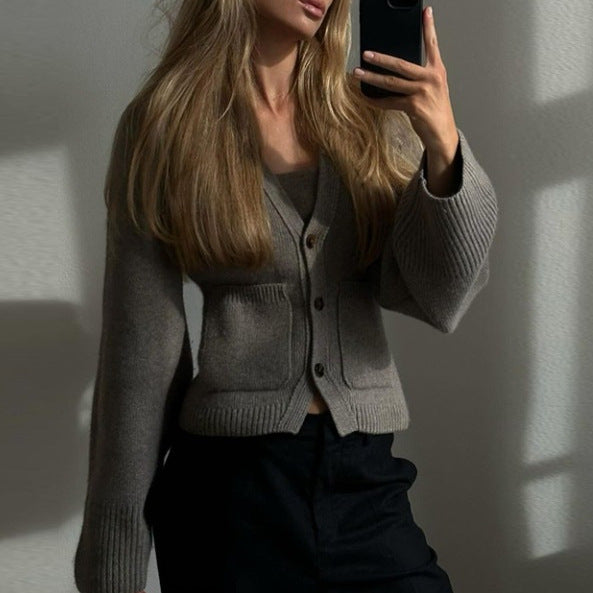 Knit jacket for women with deep V-neck and practical pockets Lune London