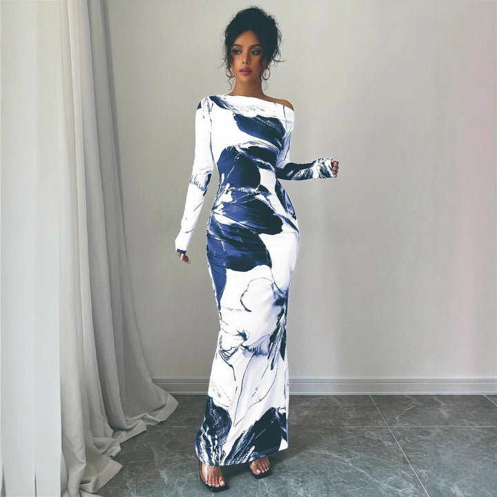 Ladies Elegant Maxi Dress with asymmetrical neckline and floral design Lune London