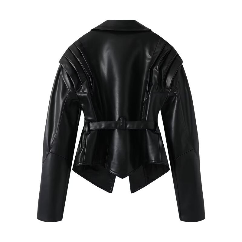Ladies elegant faux leather jacket with innovative belt Lune London