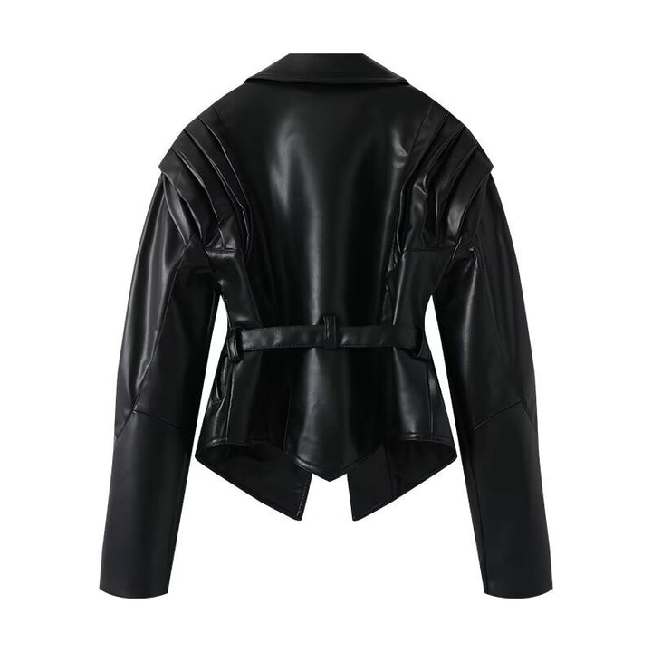 Ladies elegant faux leather jacket with innovative belt Lune London