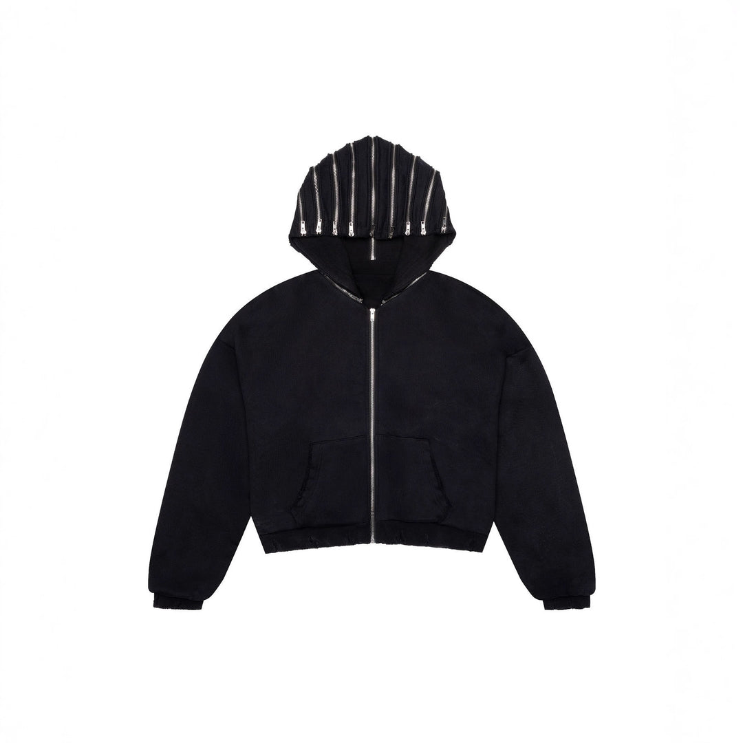 Short women's jacket with zipper and asymmetrical hood design Lune London