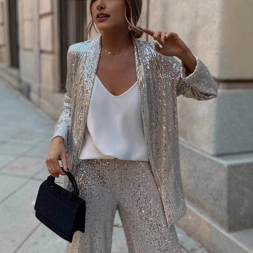Women Glittering Blazer Suit with Wide Leg and Shimmering Sequins Lune London
