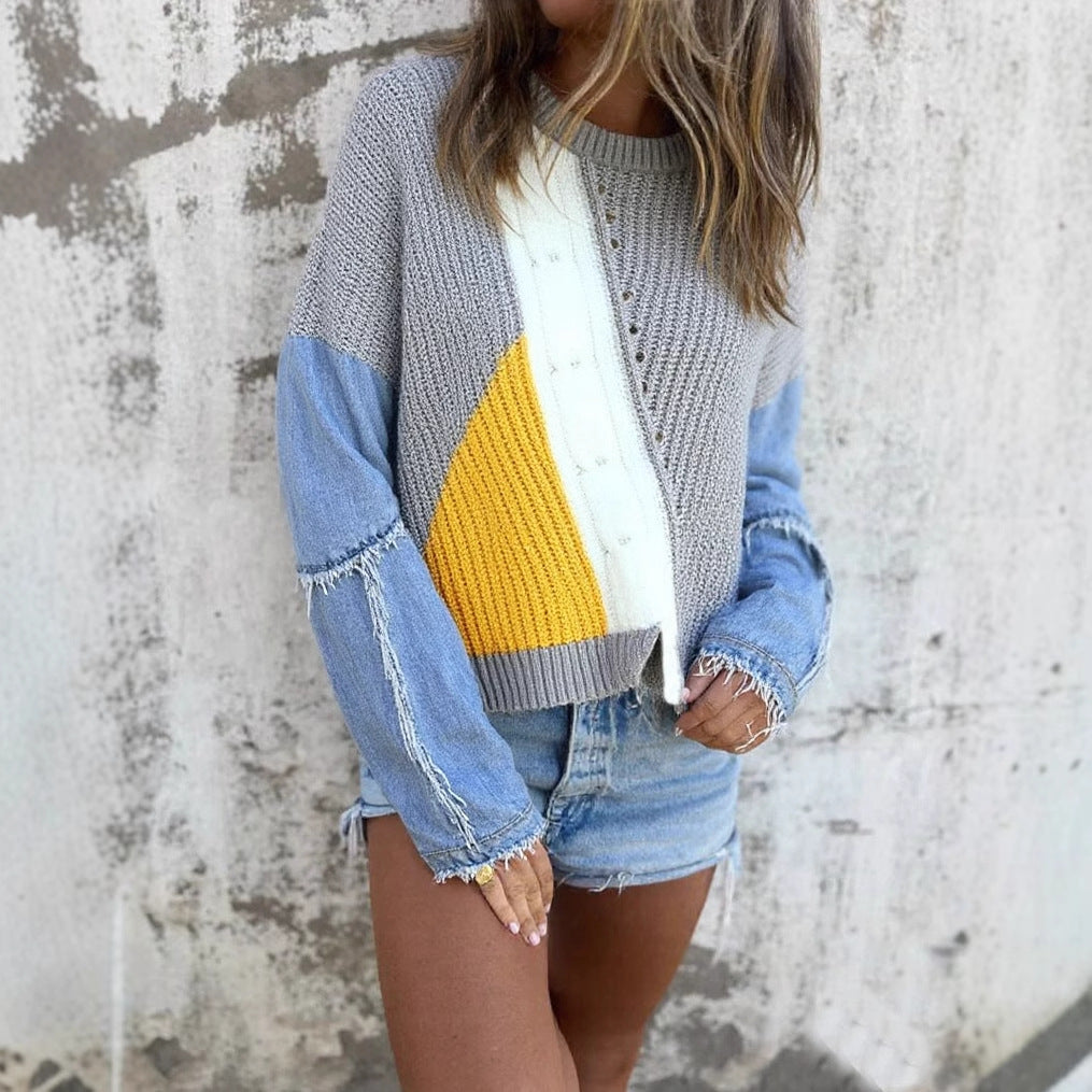 Pull en tricot stylé pour femmes avec des manches en denim et un design de bloc de couleur saisissant Chic & Stil