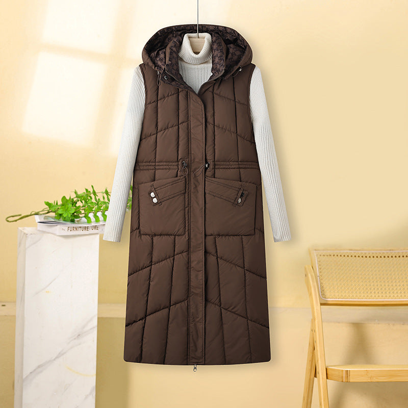 Ladies long quilted gilet with hood and practical drawstring Lune London