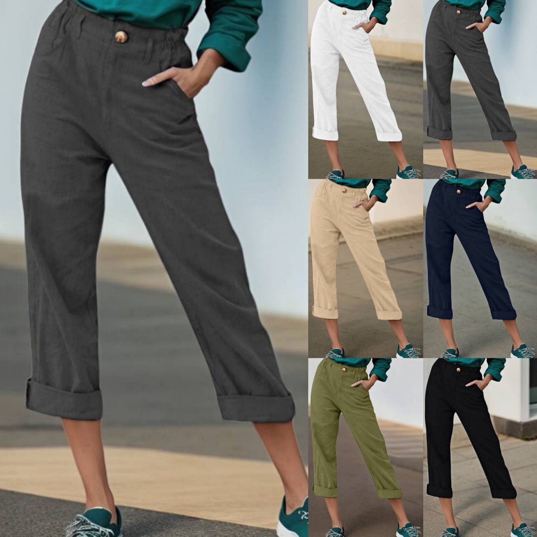 Elegant linen pants for women with wide legs and turned-up hem Lune London