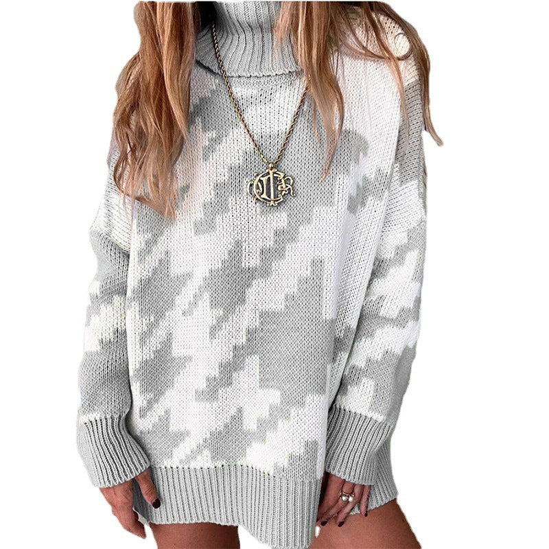 Knit sweater for women with high collar and modern zigzag pattern Lune London