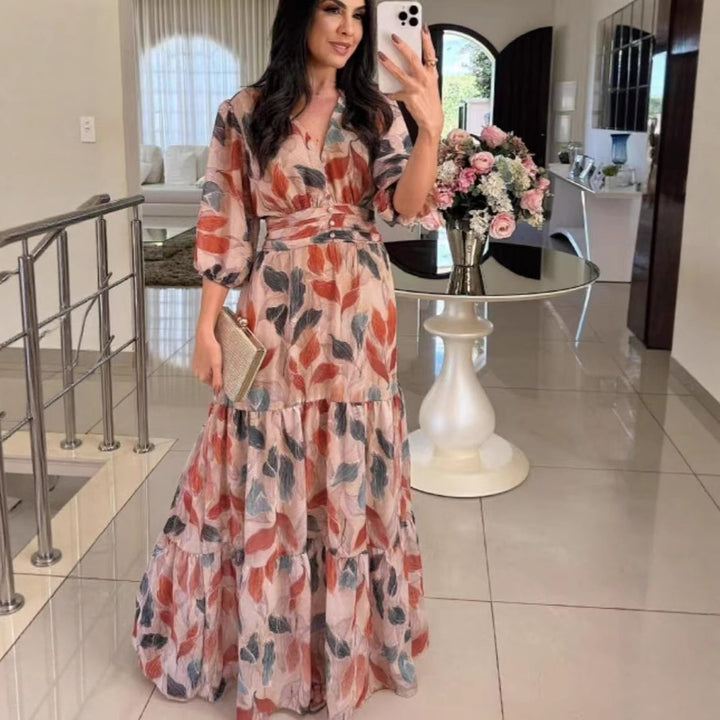 Maxi dress for women with colorful leaf pattern and fitted belt Lune London