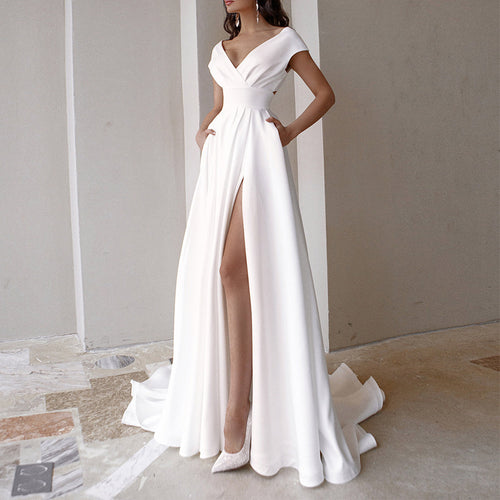 Elegant maxi dress for women with deep V-neckline and side slit Lune London