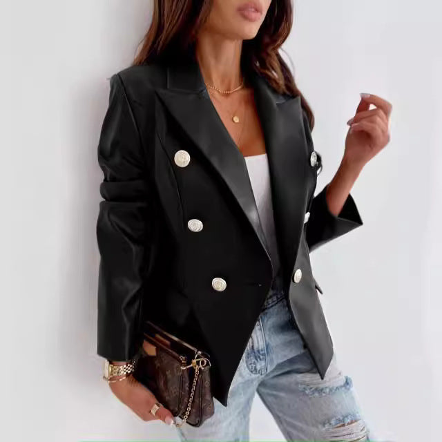 Elegant faux leather blazer for women with double row of buttons Lune London