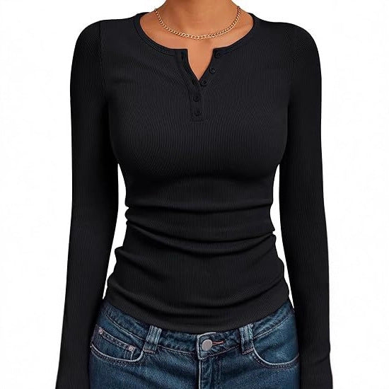 Fitted long sleeve shirt for women with button placket and rib structure Lune London