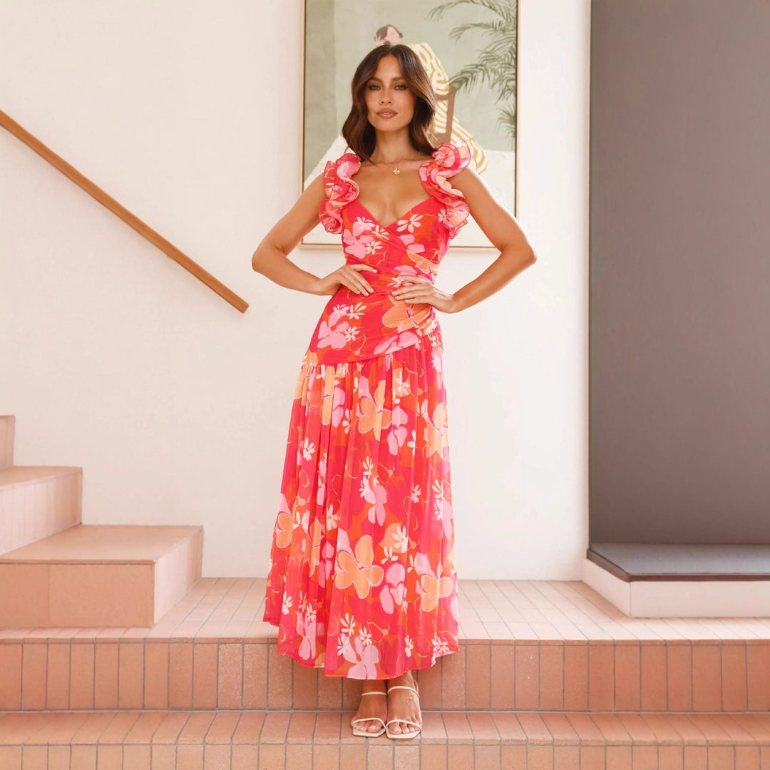 Fluid maxi dress for women with voluminous ruffles and V-neck Chic & Stil