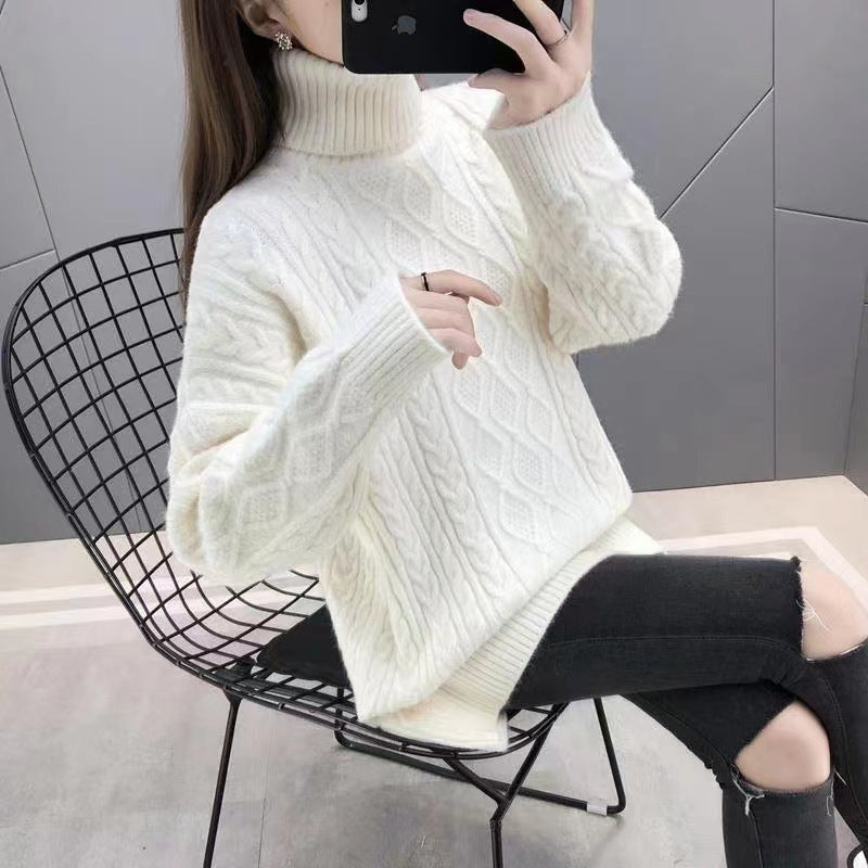 Chunky knit sweater for women with high collar and cable pattern Lune London