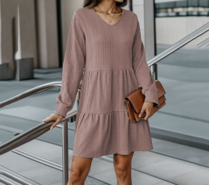 Women’s knitted dress with V-neck and ruffle Lune London