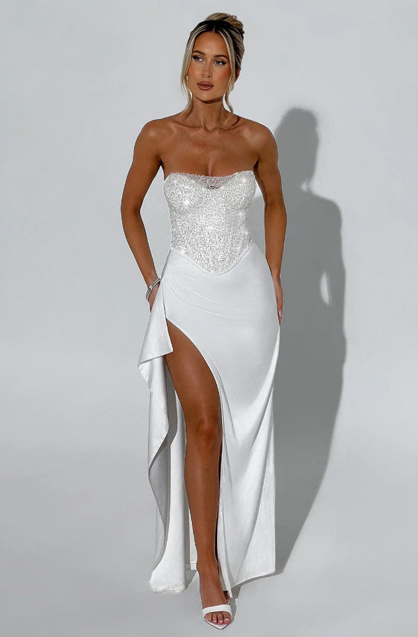 Ladies High Neck Evening Dress with Transparent Top and Side Slit