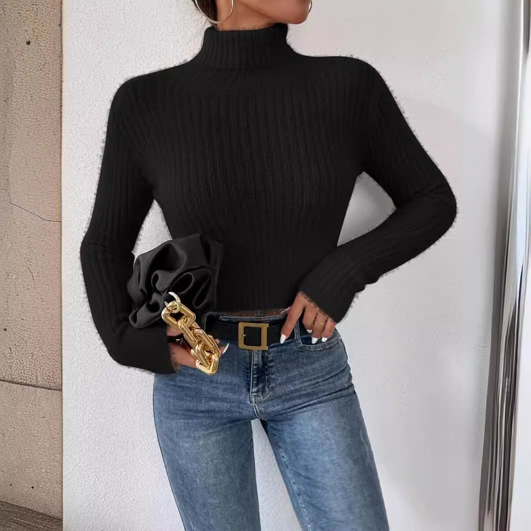 Ladies fine knit sweater with high collar and modern ribbed design Lune London