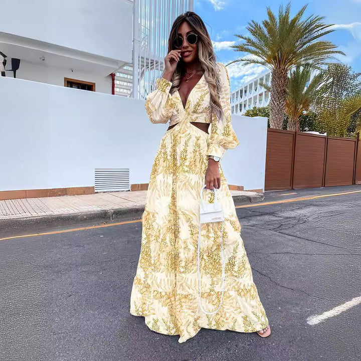 Maxi dress for women with an elegant V-neckline and a playful ruffled hem Lune London