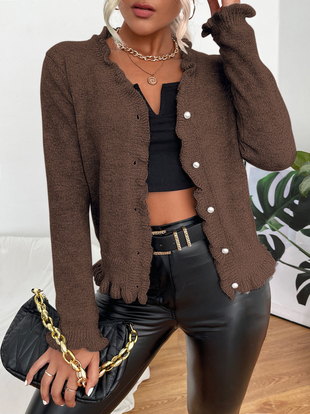 Knit jacket for women with ruffled details and button closure Lune London