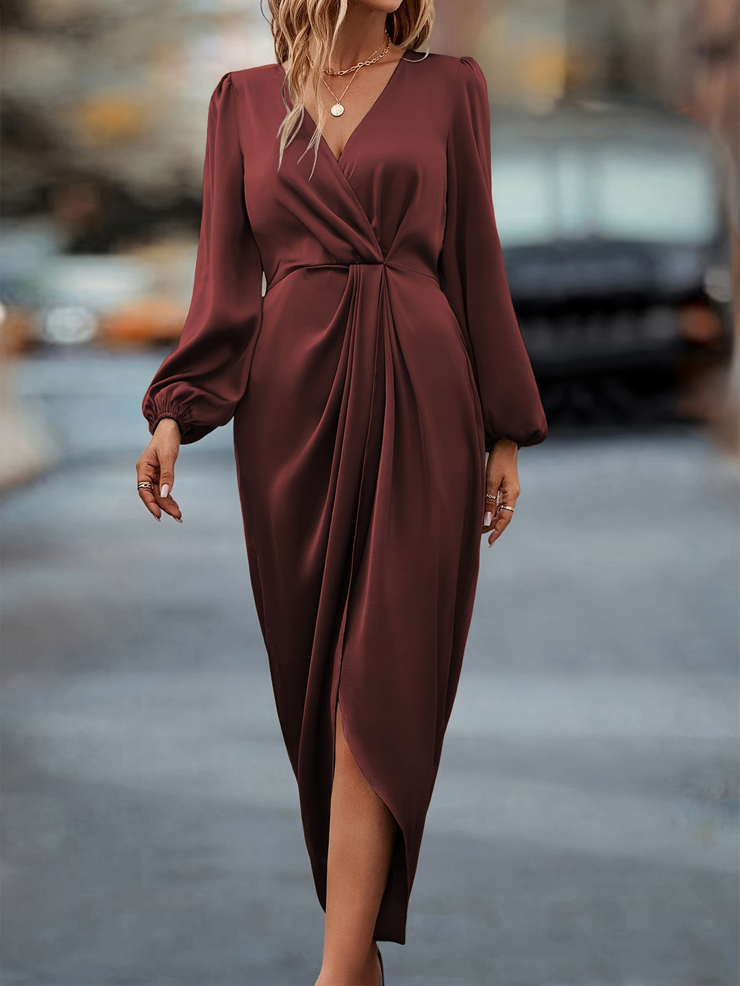 Women’s Satin Maxi Dress with V-Neck and Elegant Puff Sleeves Lune London