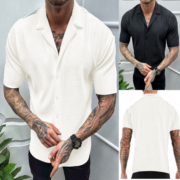 Men's short sleeve shirt in textured fabric and modern high collar Lune London