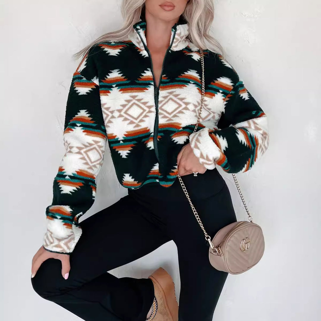 Women short sleeve fleece jacket with trendy ethnic design Lune London