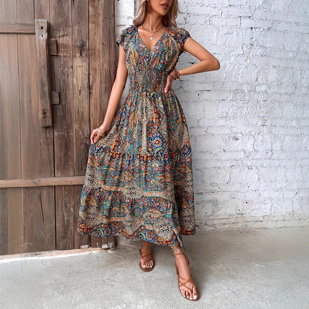 Bohemian maxi dress for women with gathered waist Lune London